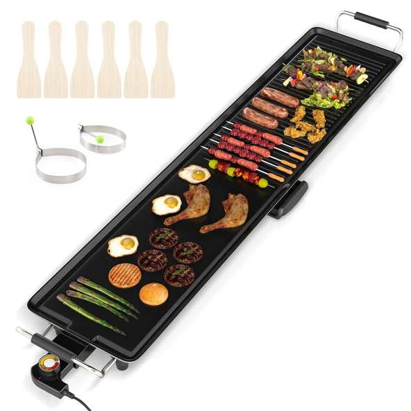 FANTASK yapışmaz elektrikli ızgara, ayarlanabilir sıcaklık, termostat ve yağ damlama tepsisi, iç ve dış mekan için Teppanyaki ızgara, 100 cm ürün görseli 1