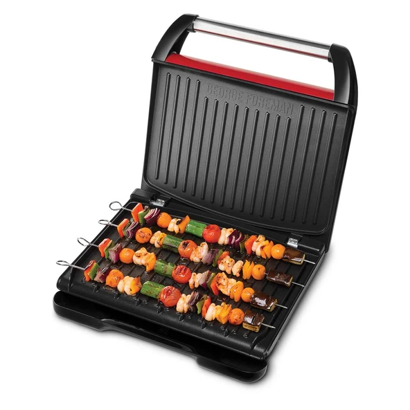 George Foreman 25050-56 Fitness Izgarası Eğlenceli Çelik, temaslı ızgara, panini ve sandviç ızgarası, 7 porsiyona kadar 33 x 22 cm ızgara yüzeyi, paslanmaz çelik/kırmızı ürün görseli 1