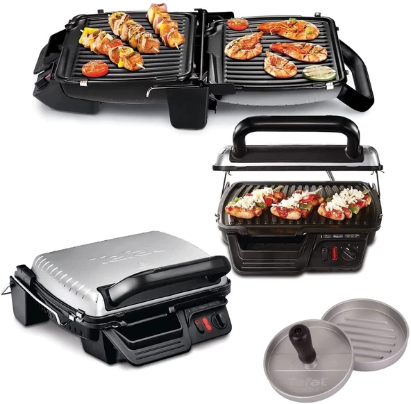 Tefal 3'ü 1 arada elektrikli temaslı ızgara, fazla pişirme işlevi ve masa ızgarası/Barbekü katlanır çift ızgara yüzeyi + Optigrill hamburger presi, yapışmaz ızgara plakaları 2000 watt, gümüş ürün görseli 1