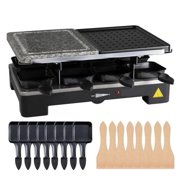 8 kişilik Raclette seti - ızgara tabağı ve taş tabak fonksiyonlu - tava ve kazıyıcı dahil masa ızgarası (kare) ürün görseli 1