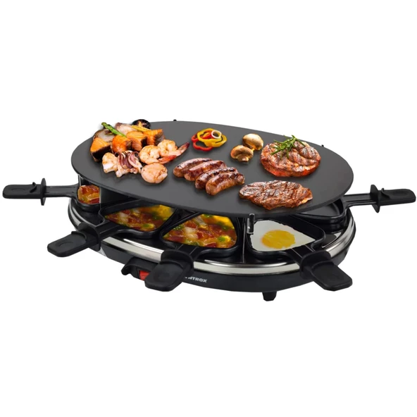Syntrox Germany Raclette Emaye Chural, 8 kişilik cam seramik plakalı, masa ızgarası, parti raclette, 900 watt, elektrikli ızgara, raclette ızgara, ızgara aksesuarları, yapışmaz kaplamalı ürün görseli 1