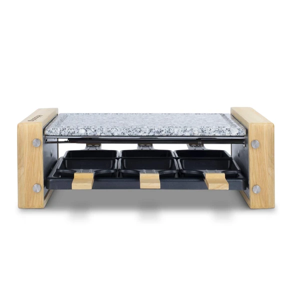 H.Koenig 6 kişilik çok fonksiyonlu raclette makinesi WOD6, profesyonel, peynirli raclette, fondü, granit ve doğal ahşaptan yapılmış taş, çıkarılabilir plaka, 6 tava; 6 tahta spatula, 900W ürün görseli 1