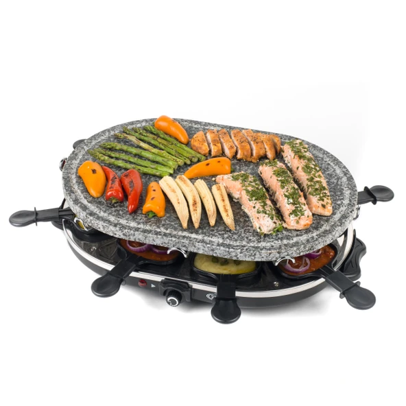 Giles & Posner 8 adet. Masa raclette ızgarası - 1200W taş tabak, 8 yapışmaz tava, 8 spatula, 43x30cm ızgara yüzeyi, ayarlanabilir sıcaklık, ızgara/masaya servis ürün görseli 1