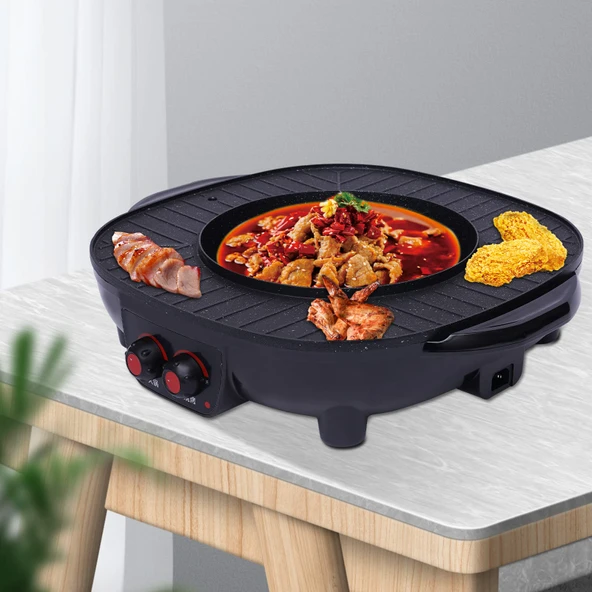 Elektrikli güveç ızgarası, 2'si 1 arada çok işlevli güveç 2000 watt/26cm Ø/3L, Tay barbekü fondü raclette 5-6 kişilik Kore Barbekü ızgarası ürün görseli 1