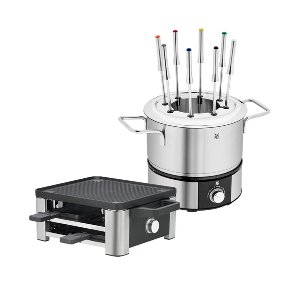WMF 2'li raclette ızgara seti, tava ve sürgü, 4 kişilik raclette, 870 W, paslanmaz çelik ve 8 kişilik Lono fondü seti, elektrikli fondü, 1400 W, sıcaklık ayarı, çatal tutucu ürün görseli 1