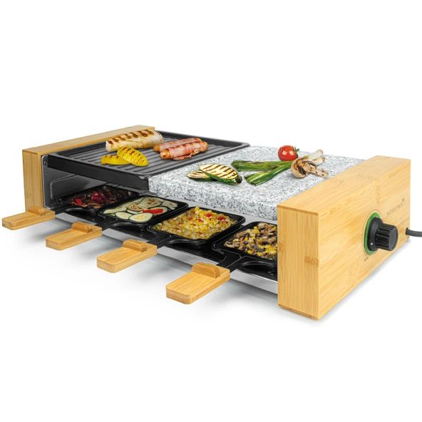 Korona 45090 8 Kişilik Raclette Izgara | Yüksek kaliteli bambu tasarımı | Bölünmüş ızgara plakaları, doğal taş ve yapışmaz kaplamalı | Güçlü 1300 watt ürün görseli 1