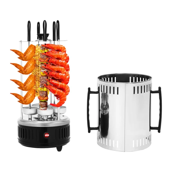 1000W dönen 5 şişli elektrikli ızgara | 304 paslanmaz çelik ve dumansız teknolojiye sahip profesyonel kebap ızgarası Kebap, jiroskop ve tavuk için otomatik dönüş bulaşık makinesinde yıkanabilir ürün görseli 1