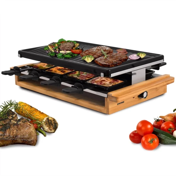 Syntrox Raclette Grill 8 kişilik Leitol 1200W, emaye ızgara plakalı elektrikli raclette ızgara, 8 yapışmaz tava, kademesiz sıcaklık kontrolü, ahşap tasarım masa ızgarası ürün görseli 1
