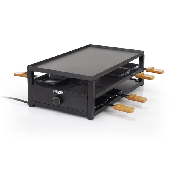 Princess Raclette Siyah Çelik - Tavalar için 8 kişilik park yeri geniş pişirme yüzeyi 44 x 25 cm ayarlanabilir termostat 1300 watt, 162655 ürün görseli 1