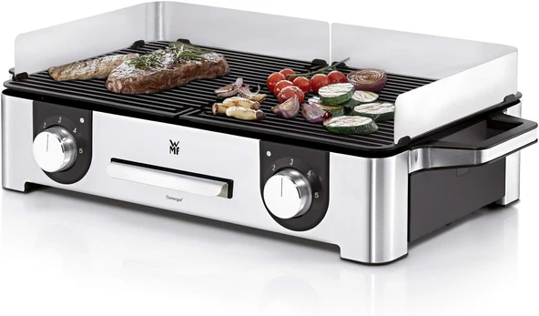 WMF Lono Master ızgara, rüzgar korumalı ve damlama tepsili elektrikli ızgara masası ızgarası, barbekü için dış mekan sertifikalı, 2 ayrı ayarlanabilir ızgara yüzeyi, 2400 W, mat paslanmaz çelik ürün görseli 1