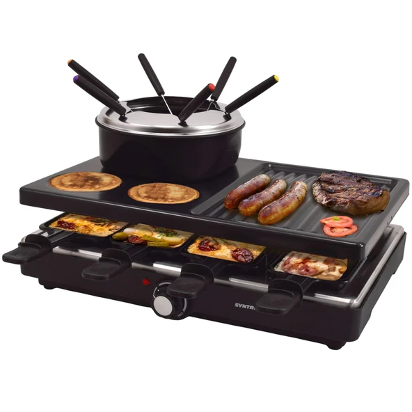 Syntrox Raclette Fondü 2'si 1 arada 8 kişilik, 1400 W, yapışmaz ızgara plakası, 8 tava, 1,4 l fondü kabı, termostat kontrollü ürün görseli 1