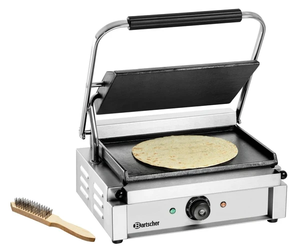 Bartscher temaslı ızgara Panini 1G - düz dökme demir plakalı elektrikli ızgara, 230 V, 2,2 kW, catering için, gümüş grisi, temizleme fırçası dahil ürün görseli 1
