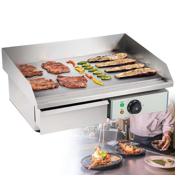 Xjymposium Izgara Plakası Plancha Izgara Elektrikli 3000 W, Yarı Düz ​​ve Yarı Yivli Izgara Yüzeyi (55 x 43 x 24 cm) 8 mm Mukavemetli Dökme Demirden Üretilmiş ve 50-300 °C ürün görseli 1