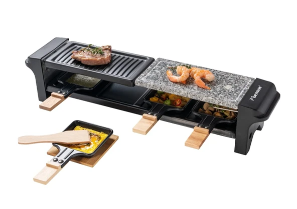 4 kişilik Bestron Raclette ızgara, 4 tavalı elektrikli masa ızgarası, 4 ahşap kazıyıcı ve 4 bardak altlığı, 650 watt, renk: siyah ürün görseli 1