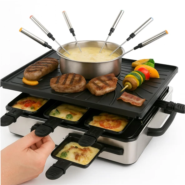 8 kişilik Raclette Fondü Seti - tencere ve ızgara plakalı - tava ve kazıyıcı dahil (fondü seti) ürün görseli 1