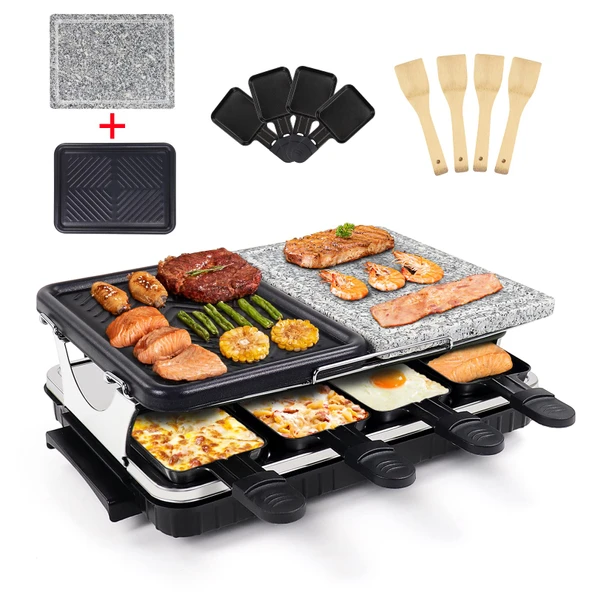 Raclette ızgara 8 10 6 kişilik raclette cihazı, alüminyum ızgara plakalı ve doğal taşlı, 4 tava, 1300W, siyah erkekler kadınlar için yılbaşı hediyeleri ürün görseli 1