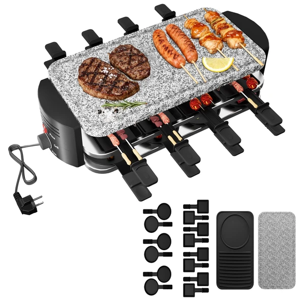 8 kişilik LZQ Raclette ızgara, çift ısı ayarı 1600W, doğal ızgara taşı ve yapışmaz ızgara plakası, 8 tavalı masa ızgarası, ayarlanabilir sıcaklık, elektrikli parti ızgarası ürün görseli 1