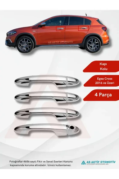 Fiat Egea Uyumlu CROSS&HB-HATCHBAK Kapı Kolu 4 Parça 2015 ve Üzeri Krom Paslanmaz Çelik, ürün görseli 1