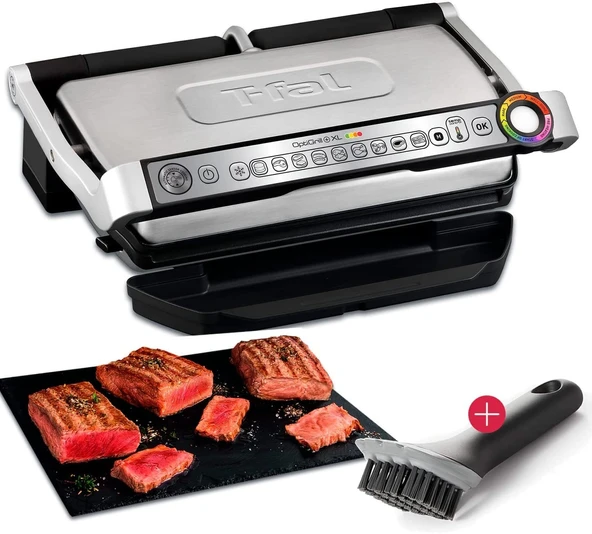 Tefal OptiGrill+ Plus XL ızgara yüzeyi akıllı temaslı ızgara, 9 ızgara programı, az pişmiş olana kadar ideal ızgara sonuçları, yapışmaz dökme alüminyum plakalar, siyah, xxl 40x20 cm ürün görseli 1