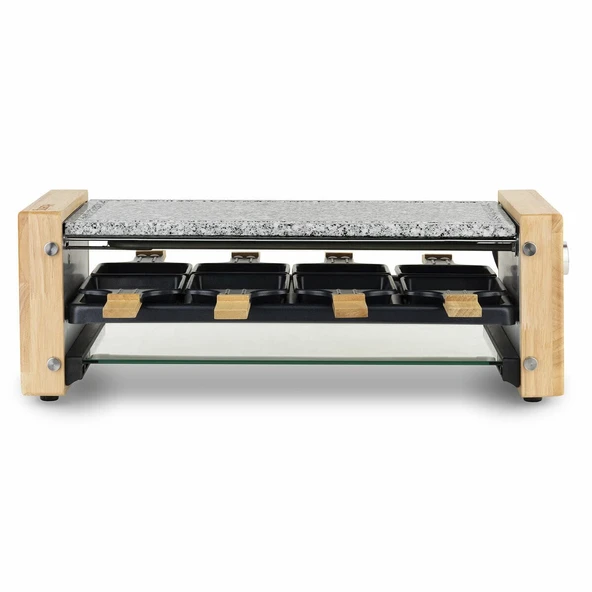 H.Koenig 8 kişilik çok fonksiyonlu raclette makinesi WOD12, profesyonel, peynirli raclette, fondü, taş granit ve doğal ahşap, cam tabak, 8 tava ve 8 ahşap spatula, 1200W ürün görseli 1