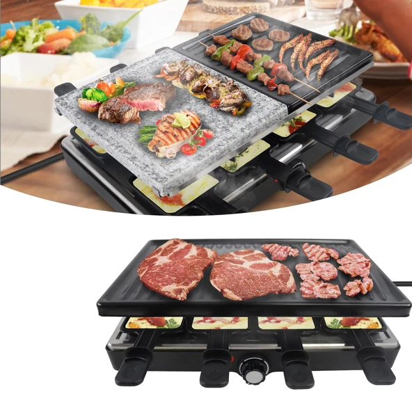 YZNAHRE 8 kişilik Raclette ızgara, elektrikli masa ızgarası 1400W, yapışmaz raclette plaka, 8 tava dahil, tahta spatula, 2 granit tabak ürün görseli 1