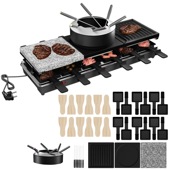 ACXIN 3'ü 1 arada Raclette Izgara ve Fondü Seti 12 Kişilik, 1650W - Doğal taş tabak, metal tabak, krep tabağı, 12 tava, 6 çatallı fondü kabı, yapışmaz kaplama içerir ürün görseli 1