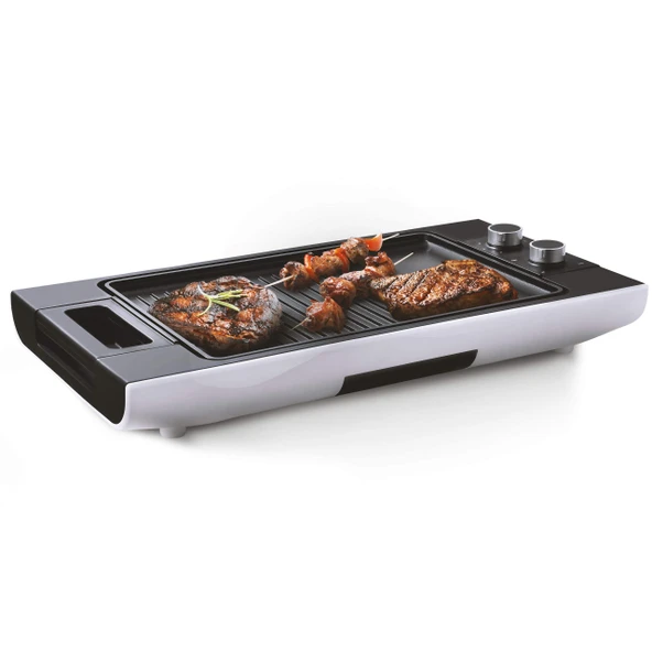 Venga! tasarım teppanyaki masa ızgarası, ayarlanabilir sıcaklık kontrolü ve zamanlayıcıyla, modern tasarım, yapışmaz kaplama, 1.600 W, siyah/beyaz, VG GR 3010 ürün görseli 1