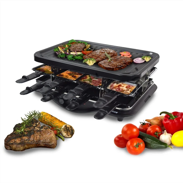 Syntrox Germany Raclette Grill Lozan, 8 kişilik, 16 tava, yapışmaz kaplama, sıcaklık kontrolü, 1600W ürün görseli 1