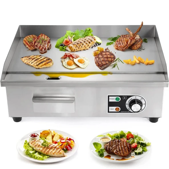 WhFKLca 3000W Ticari Elektrikli Tava Paslanmaz Çelik Düz Izgara Tezgah Üstü Paslanmaz Çelik Teppanyaki Izgara, Yağ Boşaltma Deliği ve Çıkarılabilir Yağ Çekmecesi ile 50-300 ° Ayarlanabilir ürün görseli 1