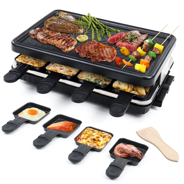8 kişilik Raclette - 8 mini raclette tava ve 4 ahşap spatula ile Raclette ızgara yapışmaz kaplama ızgara tavası, raclette cihazı, 1300W ürün görseli 1