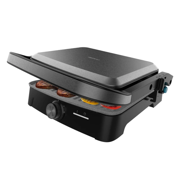 Cecotec Rock'nGrill 2000 elektrikli ızgara, açık ızgaralı, 2000 W, 180° açılabilir, yapışmaz kaplama, yüzer plaka, yağ toplama, dikey depolama, ayarlanabilir sıcaklık, 279x229 mm ürün görseli 1