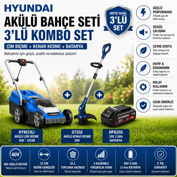 Hyundai Akülü Bahçe Seti 40V Çim Biçme + 20V Kenar Kesme + 2.0Ah Batarya Profesyonel Set ürün görseli 1