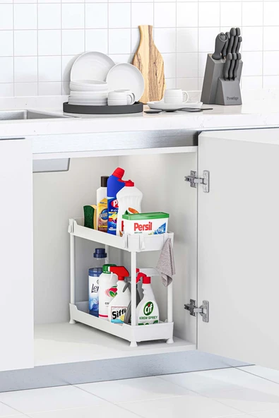 Beyaz 2 Katlı Dar Düzenleyici Mutfak ve Banyo Rafı ürün görseli 1