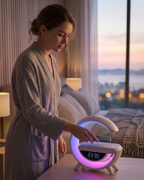 Çok Fonksiyonlu Kablosuz Şarjlı Saat Hoparlör RGB Işık ve Alarm Özellikli ürün görseli 1