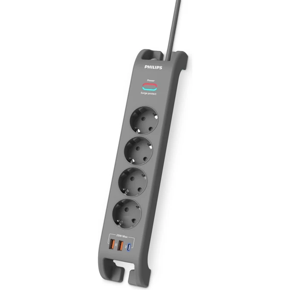 SPN4140GA/62 4 Soket Akım Korumalı Priz 2400 Joules 2Mt Kablo 1xUsb-C PD 20W Hızlı Şarj 2xUsb-A QC 18W (Gri)(1923)