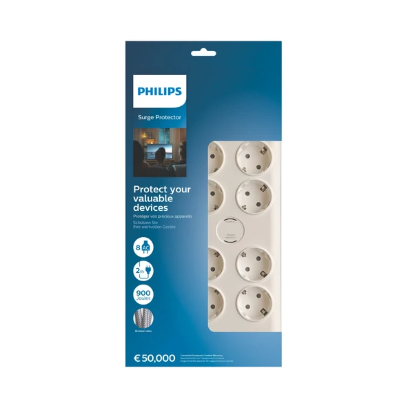 PHILIPS SPN7080WA/62 8 Soket Akım Korumalı Priz 900 Joules 2Mt Örgülü Kablo (Beyaz)(1923) ürün görseli 1