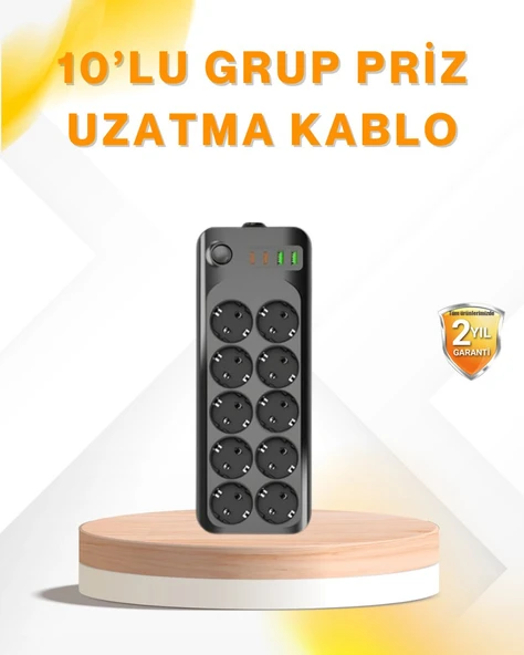 10 lu Çoklu Priz Termal Korumalı USB Type-C Çıkışlı 2500W Uzatma Kablosu ürün görseli 1