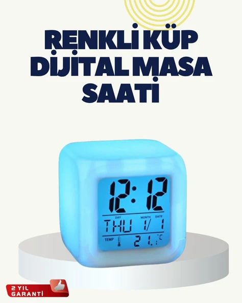 Termometre ve Takvim Özellikli 7 Renk Değiştiren Küp Alarm Saati ürün görseli 1