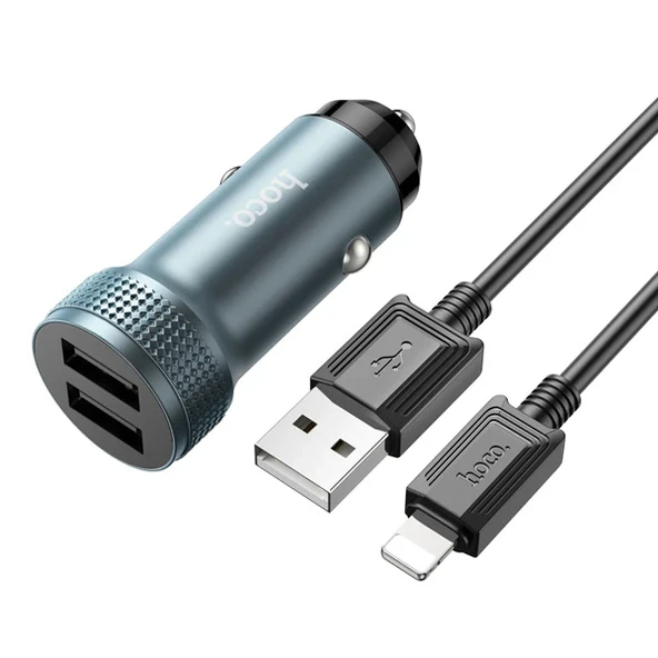 HOCO Z49 Çift USB Girişli Araç Şarj Başlık + USB To iPhone Lightning Kablo-(5775) ürün görseli 1