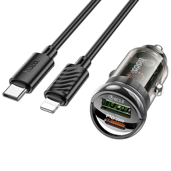 HOCO Z53A Vision PD30W Type-C + USB QC3.0 Girişli Araç Çakmaklık Hızlı Şarj Aleti + Type-C to iPhone-(5775) ürün görseli 1