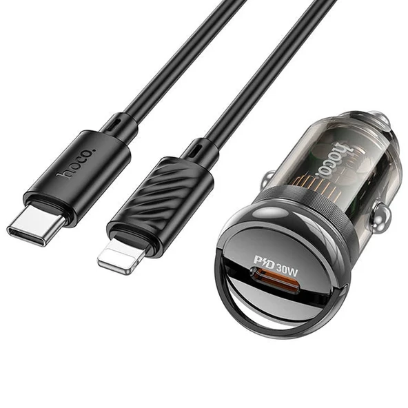 HOCO Z53 Sight Single PD30W Type-C Girişli Araç Çakmaklık Hızlı Şarj Aleti + Type-C to iPhone Lightn-(5775) ürün görseli 1