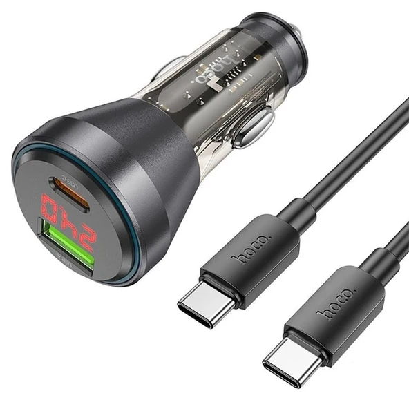 HOCO NZ12B Unimpeded PD48W USB + Type-C Araç Çakmaklı Hızlı Şarj Aleti + Type-C to Type-C Kablo-(5775) ürün görseli 1