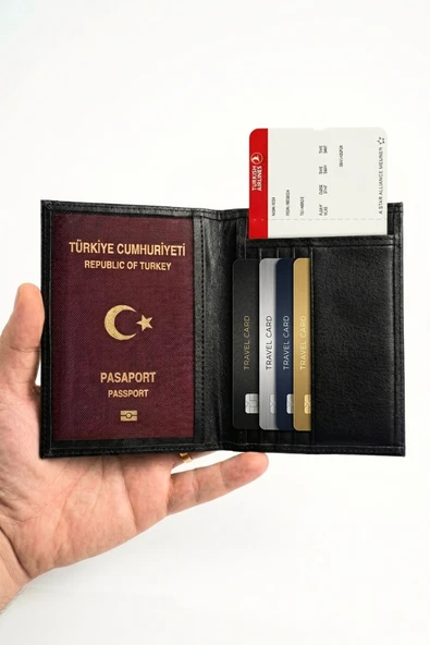 Kişiye Özel İsim Baskılı Hakiki Deri Pasaport Kılıfı ve Seyahat Cüzdanı Siyah ürün görseli 1