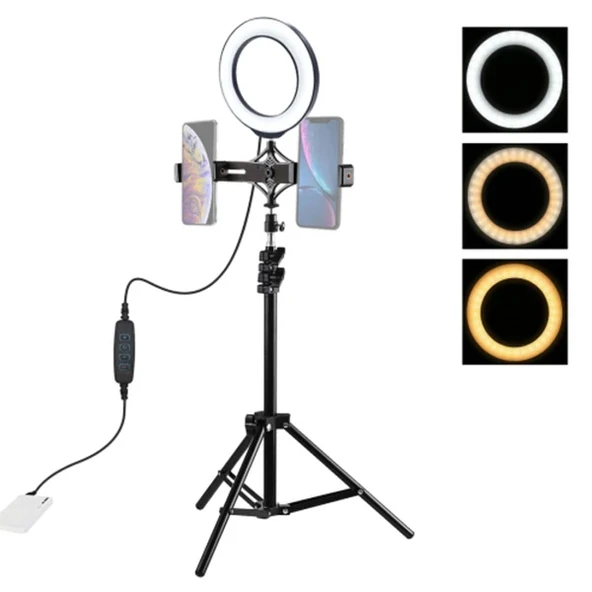 PULUZ 1.1M Çift Telefon tutucu 6.2CM Led Işık Stand YoutuberCanlı Yayın Selfie TikTok Makeup-(5775) ürün görseli 1