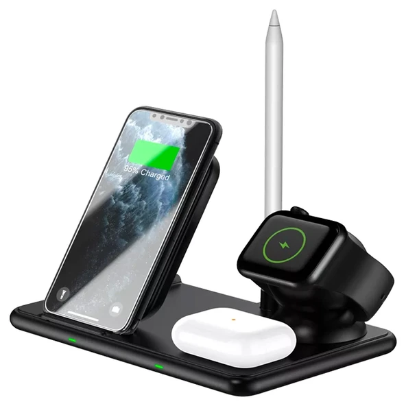 ALLY W58 15W Qi Hızlı Şarj 4 in 1 iPhone+ AirPods Pro Kablosuz Şarj Standı-(5775) ürün görseli 1