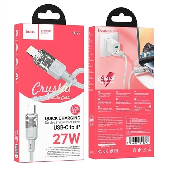 Hoco U129 Transparan Type-C to Lightning  Data ve Şarj Kablosu 1m-(5775) - Resim 4