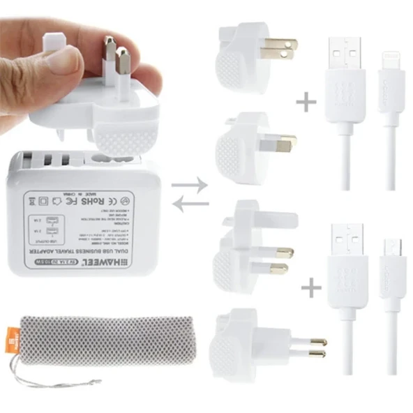 Haweel Universal Seyahat Şarj Adaptör İPhone Ve 1 Mikro Usb Şarj Kablosu Set-(5775) ürün görseli 1