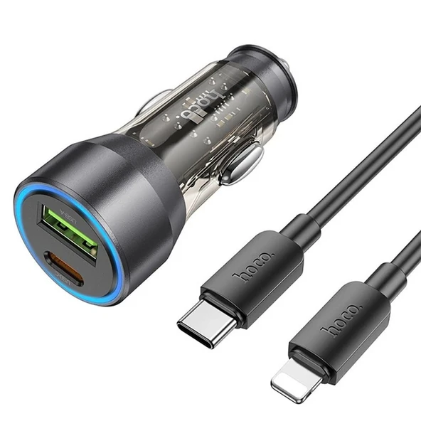 HOCO NZ12A Action PD43W USB + Type-C Araç Çakmaklık Hızlı Şarj Aleti + Type-C to iPhone Lightning Ka-(5775) ürün görseli 1