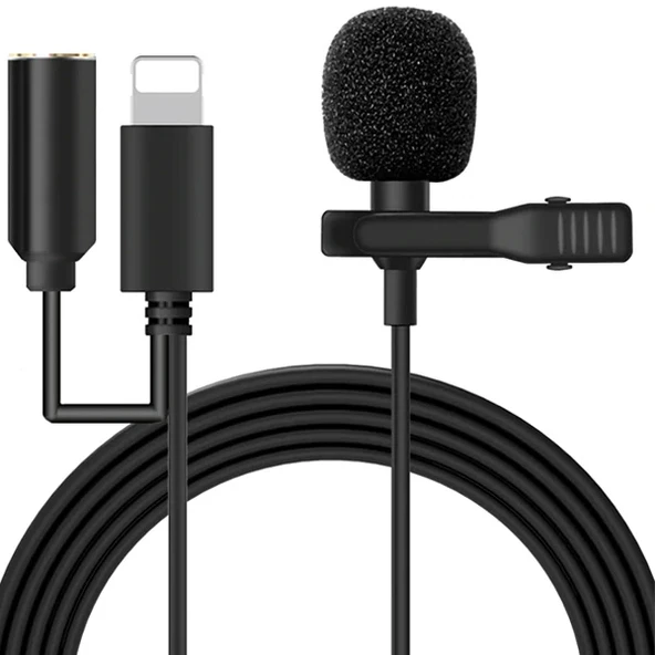 ALLY iPhone Lightning Yaka Mikrofonu+3.5MM jack Profesyonel Youtuber Mikrofonu-(5775) ürün görseli 1