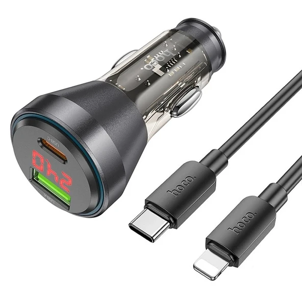 HOCO NZ12B Unimpeded PD48W USB + Type-C Araç Çakmaklı Hızlı Şarj Aleti + Type-C to iPhone Kablo-(5775) ürün görseli 1